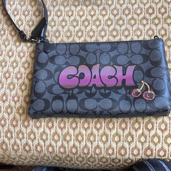 Coach Black and Pink Wristlet with Cherry Design